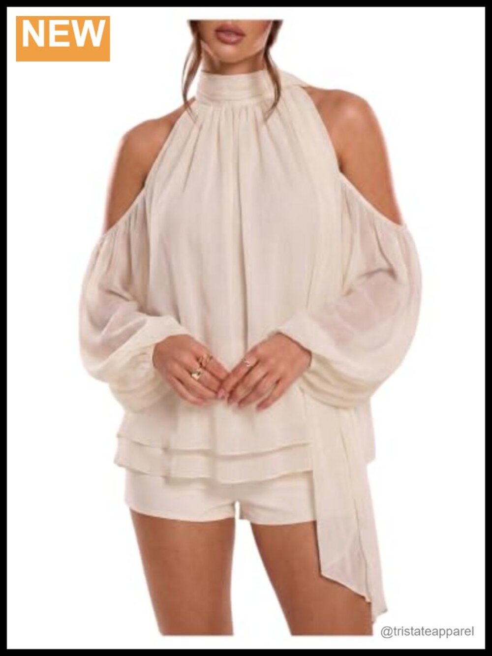 Cold Shoulder Chiffon Blouse, Bishop Sleeve Mock Neck Dressy Top